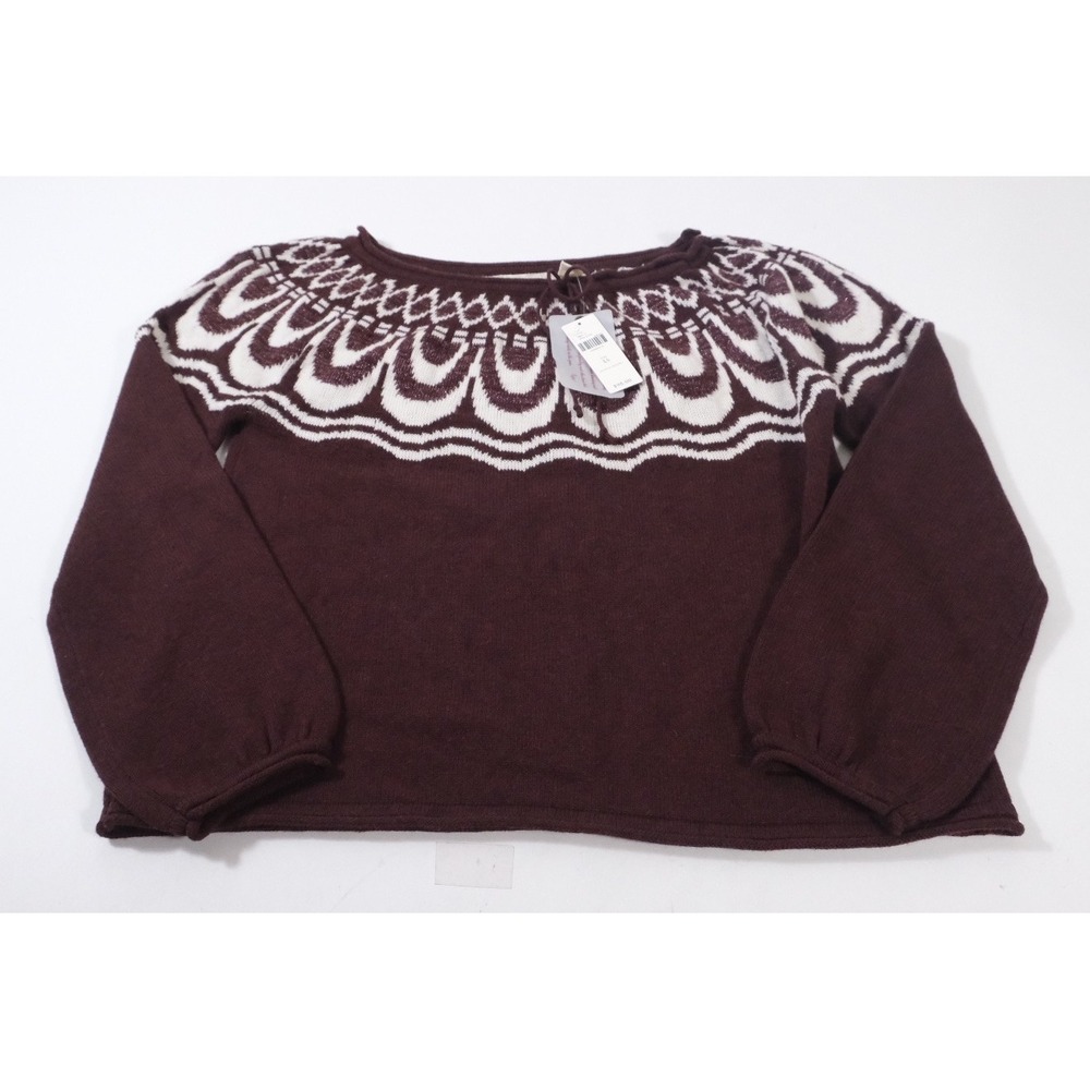 Anthropologie Sweater Women XS Wine Fair Isle Pullover Knit Long Sleeve Metallic
